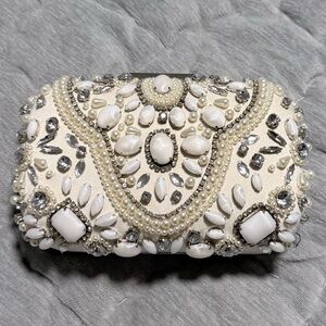 Olga Berg Cream and Silver Beaded Clutch